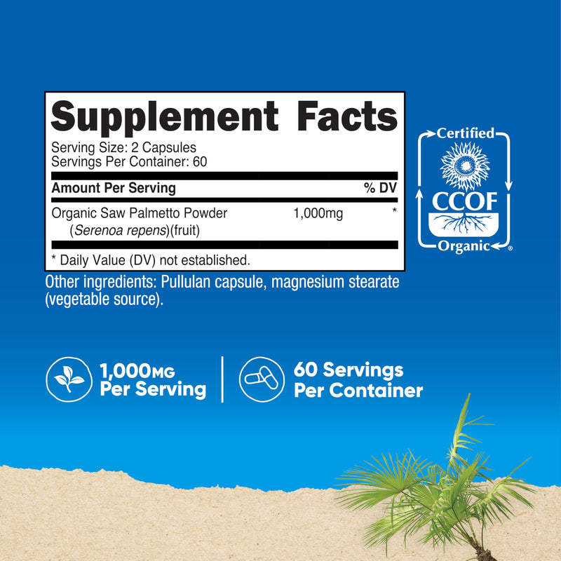Nutricost Saw Palmetto 1000mg, 120 Capsules - CCOF Certified Made with Organic Saw Palmetto, Vegetarian Friendly, 60 Servings, 500mg Per Capsule, Gluten Free