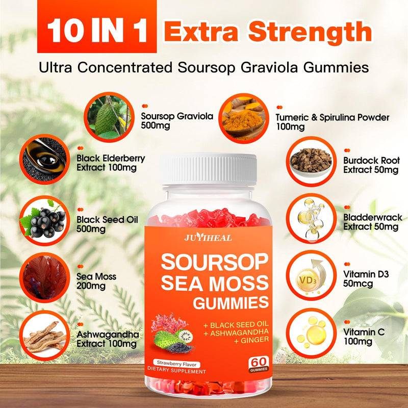 (2 Pack) Soursop Graviola with Sea Moss Gummies, 10-in-1 Soursop Gummies with Vitamin C, Zinc for Immunity and Antioxidant, Gluten Free, Vegan 120 Gummies Strawberry Gummies 2pack