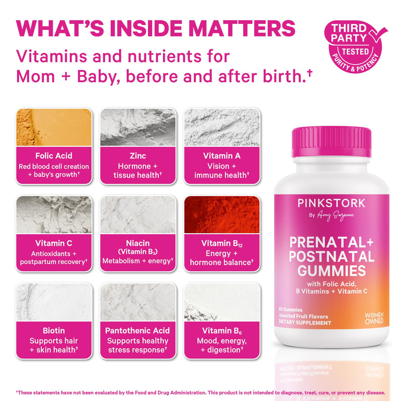 Pink Stork Fertility + Prenatal + Postnatal Gummy Vitamins, 60 Count | Full Motherhood Journey Support, Folate, B Vitamins, Zinc & Biotin, Postpartum Essentials, Assorted Fruit