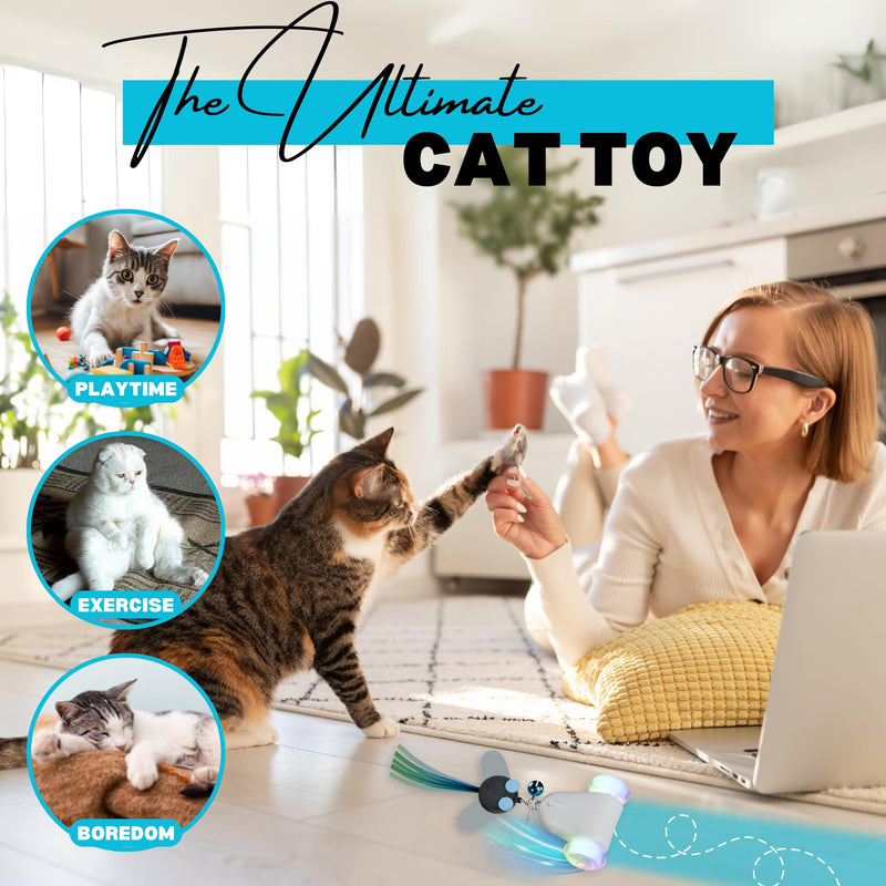 Rolling Rover – Interactive Cat Toy with RGB Wheels, Automatic Moving Mouse-Shaped Design, Feather Butterfly and Bell Attachments, Smart Motion Activated for Indoor Cats & Kittens (Blue) Blue - BeesActive Australia