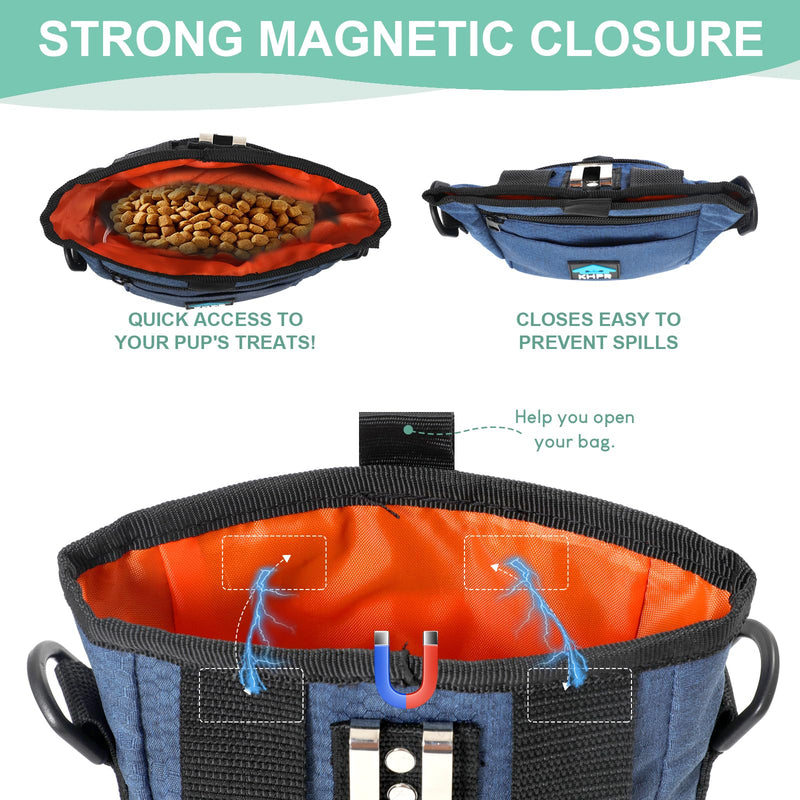 Dog Treat Pouch Magnetic Closure with Training Clicker，Hands-Free Design to Prevent Spills，Built in Poop Bag Dispenser，3 Ways To Wear，Metal Clip Waist Belt and Fanny Pack for Pet Walking（Blue） Blue - BeesActive Australia