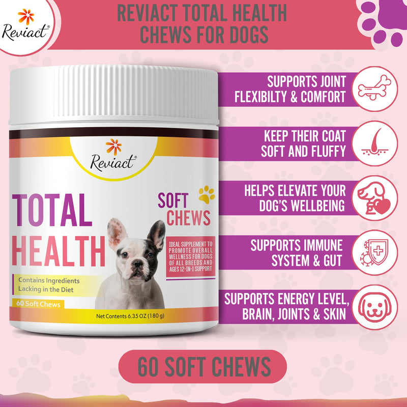 Total Health Dog Chews 12-in-1, Hip and Joint Supplement with Glucosamine Chondroitin for Dogs, Dog Multivitamin Treats with Omega 3 Salmon Oil and Vitamins for Skin and Coat Support, 60 Soft Chews