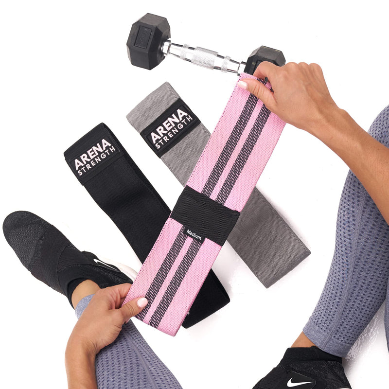 Arena Strength Fabric Booty Bands - Fabric Exercise Bands for Legs and Butt | Fabric Resistance Bands | Hip Resistance Bands with Workout Guide and Carry Case Gray, Pink, Black