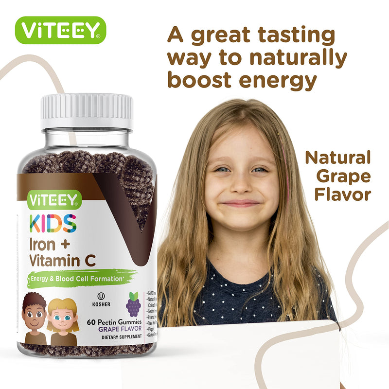 Viteey Iron for Kids with Vitamin C - Tasty Chewable Grape Flavored Gummy | Supports Energy, Blood Cell Formulation, Blood Builder Anemia Kids Iron Supplements - Vegan, Gelatin Free, Gluten Free 60 Count (Pack of 2)