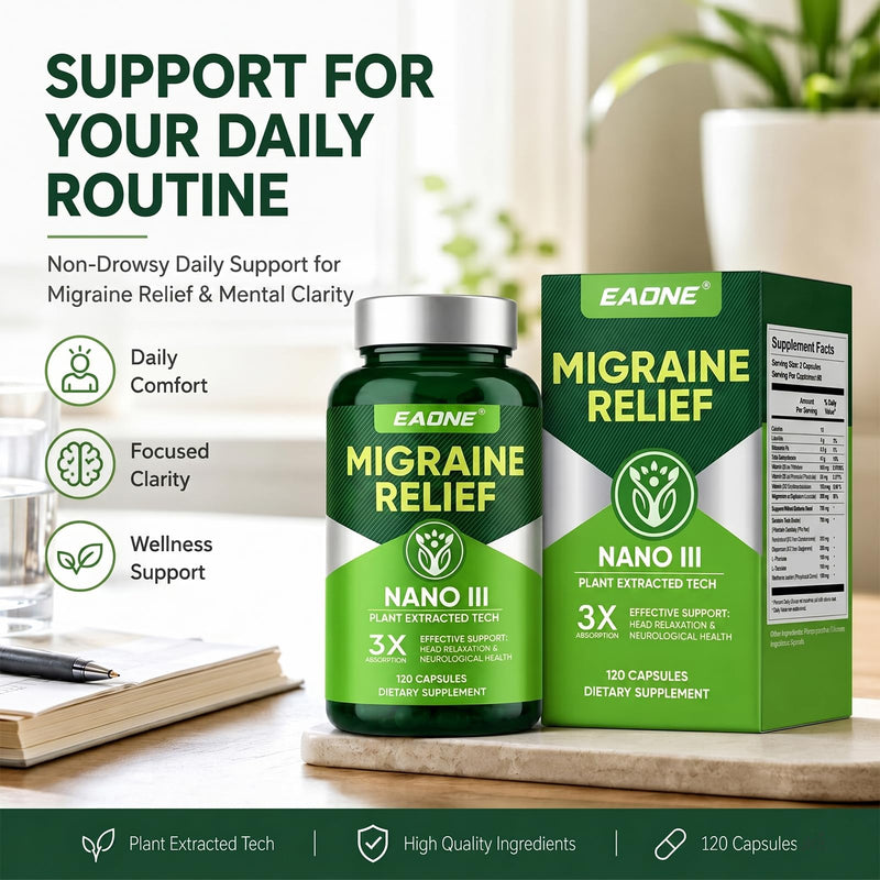 Headache Comfort Supplement, Natural Cranial Relaxation Formula with Magnesium Glycinate, CoQ10, Riboflavin Vitamin B2, B6 & B12, Supports Daily Neurological Balance and Mental Clarity, 120 Capsules