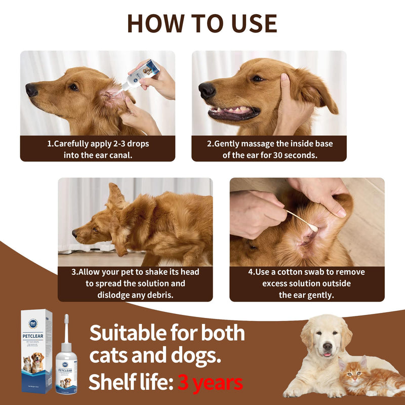 Ear Cleaner for Dogs and Cats, with Bendable Applicator, Non-Irritating, Dog Ear Cleaner Solution to Eliminates Ear Odour, Dirt and Debris, 60ml