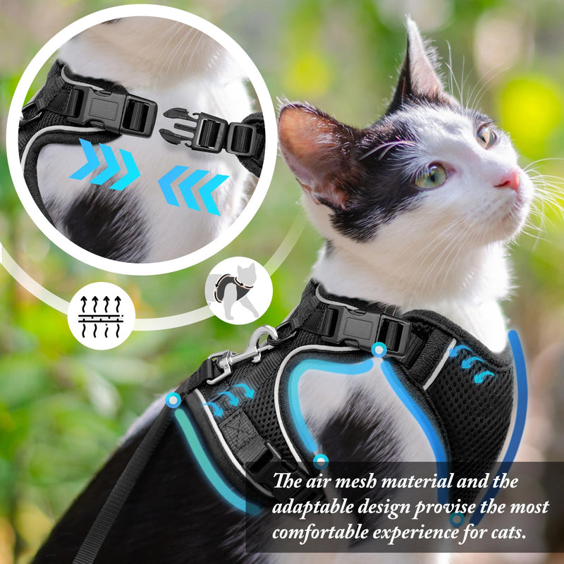 Cat Harness, Cat Car Harness and Leash for Walking, Escape Proof Soft Adjustable Vest Harnesses for Cats, Easy Control Breathable Reflective Strips Harness, Kitten Harness and Leash Set, Black, S S (7-12lb) - BeesActive Australia
