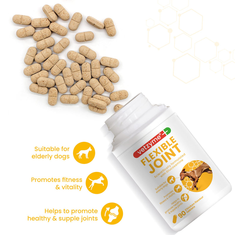 Vetzyme Flexible Joint Supplements for Dogs (90 Tablets) - Hip and Joint Care with Glucosamine, Tasty Chicken Flavour 90 Count (Pack of 1)