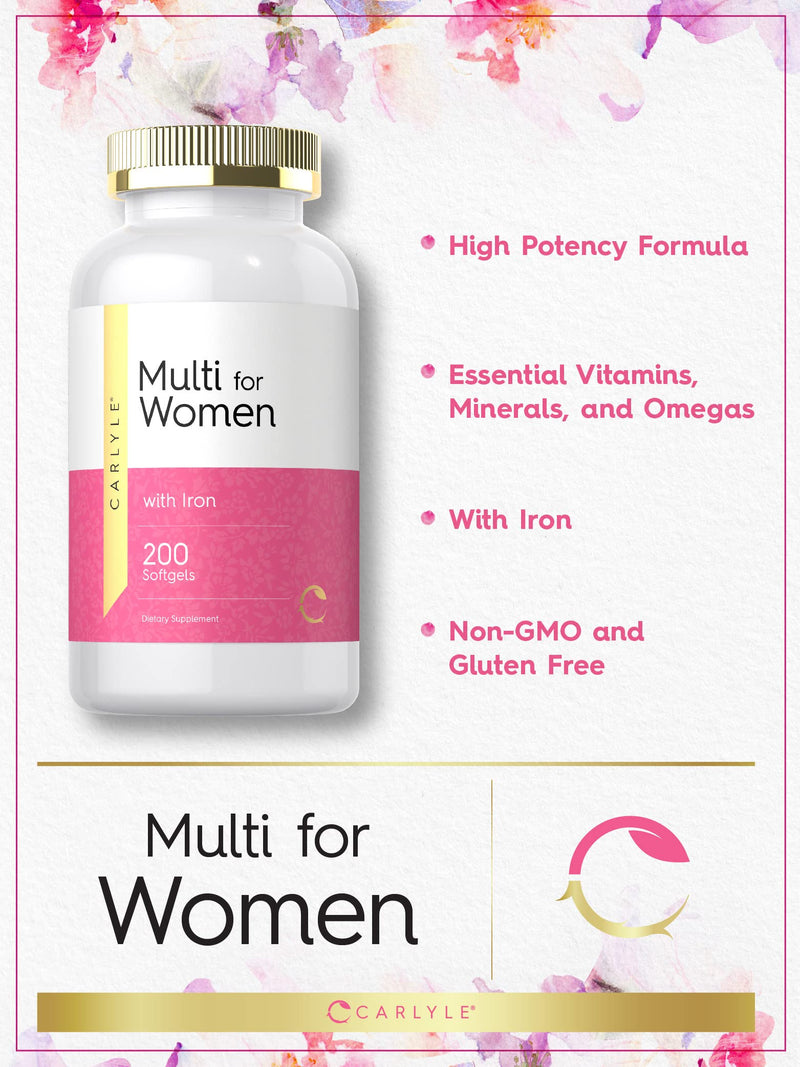 Carlyle Multivitamin for Women with Iron | 200 Softgels | Essential Vitamins, Minerals and Omegas | Nutritional Support Supplement | Non-GMO & Gluten Free