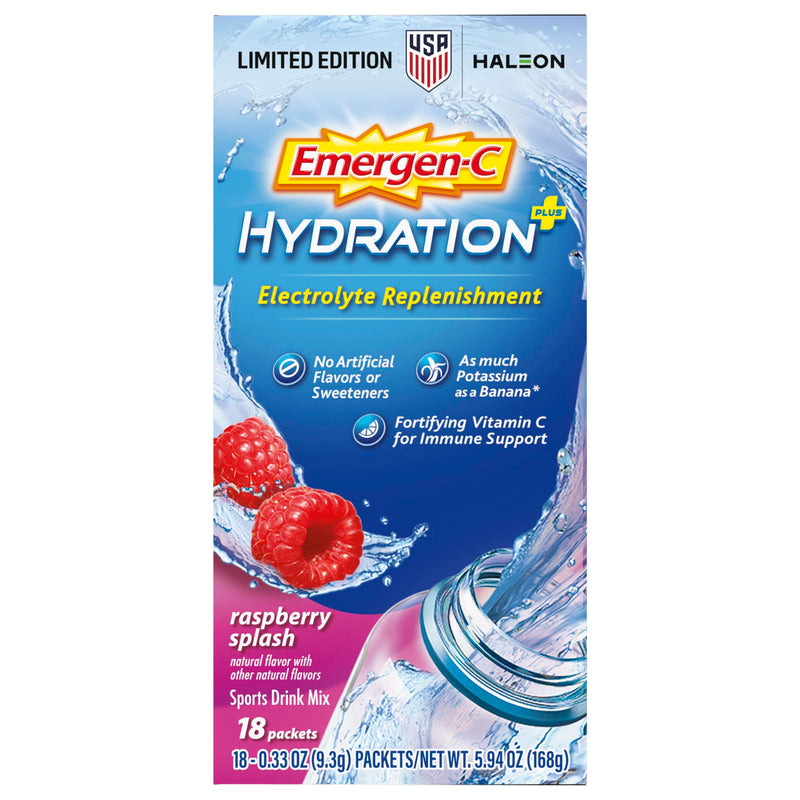 Emergen-C Hydration+ Sports Electrolyte Replacement Sports Drink Mix Powder with Vitamin C, Raspberry Splash Flavor, Back to School Essentials - 18-0.33 oz On The Go Packets (Pack of 36) 0.33 Ounce (Pack of 36)
