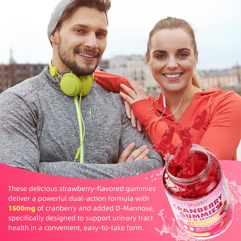 Vegan Cranberry Gummies with D Mannose - Supports Urinary Tract Health for Women & Men, Sugar-Free, Non-GMO and Gluten Free, Strawberry Flavor, 60 Count 60 Count (Pack of 1)