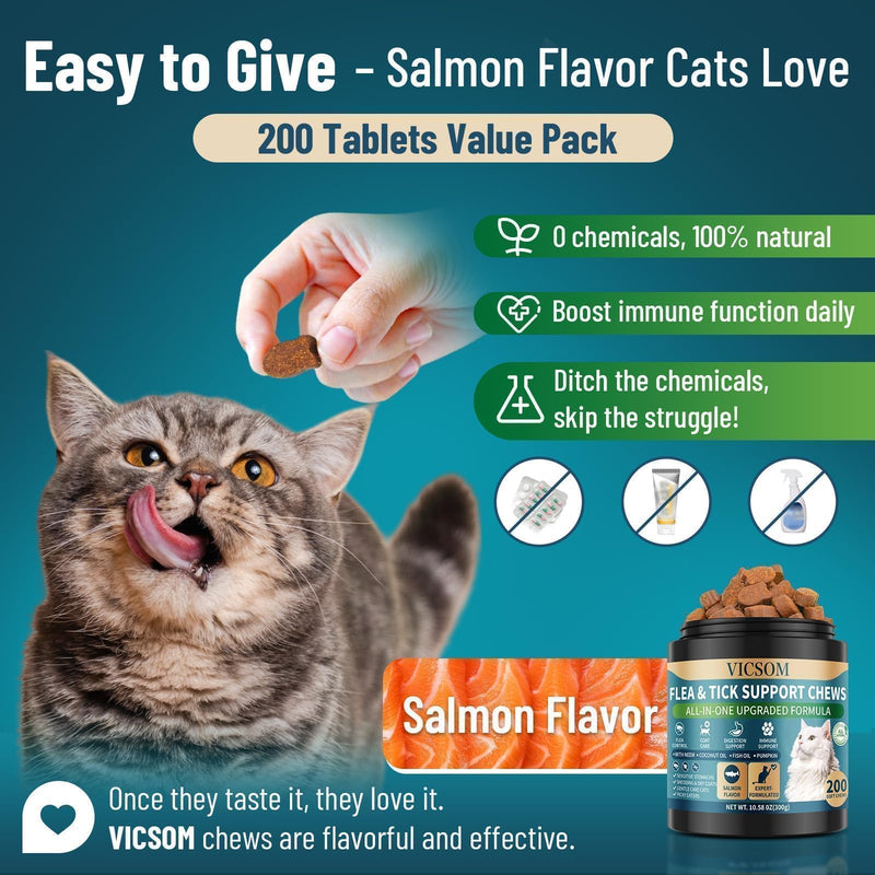 Flea and Tick Prevention for Cats Chewable, 200 Treats Natural Cat Flea Treatment, Skin & Digestive Support Oral Supplement Chew Flea and Tick Treatment for Cat Kitten All Breeds & Ages, Salmon Flavor