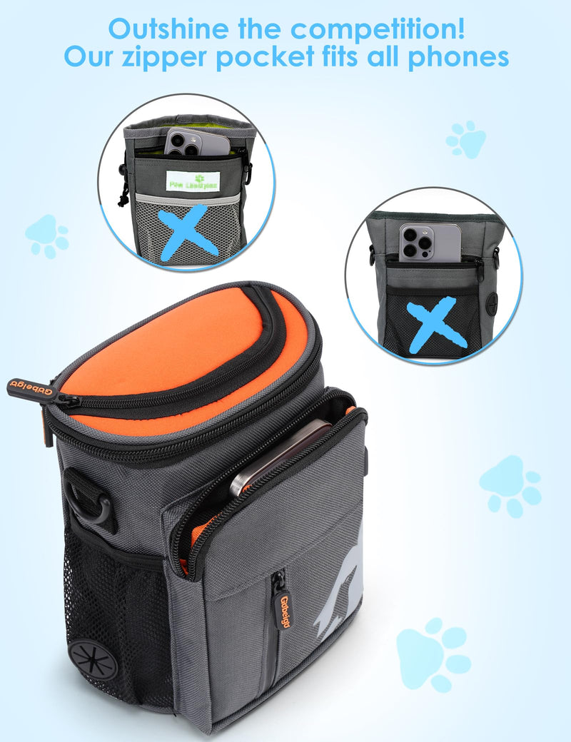 Gobeigo 8 Cup Dog Treat Pouch and Training Clicker, Dog Walking Bag with Phone Holder, Built-in Poop Bag Dispenser, 3 Ways Wearable Pet Fanny Pack for Outdoor Travel(Gray & Orange) Gray & Orange - BeesActive Australia