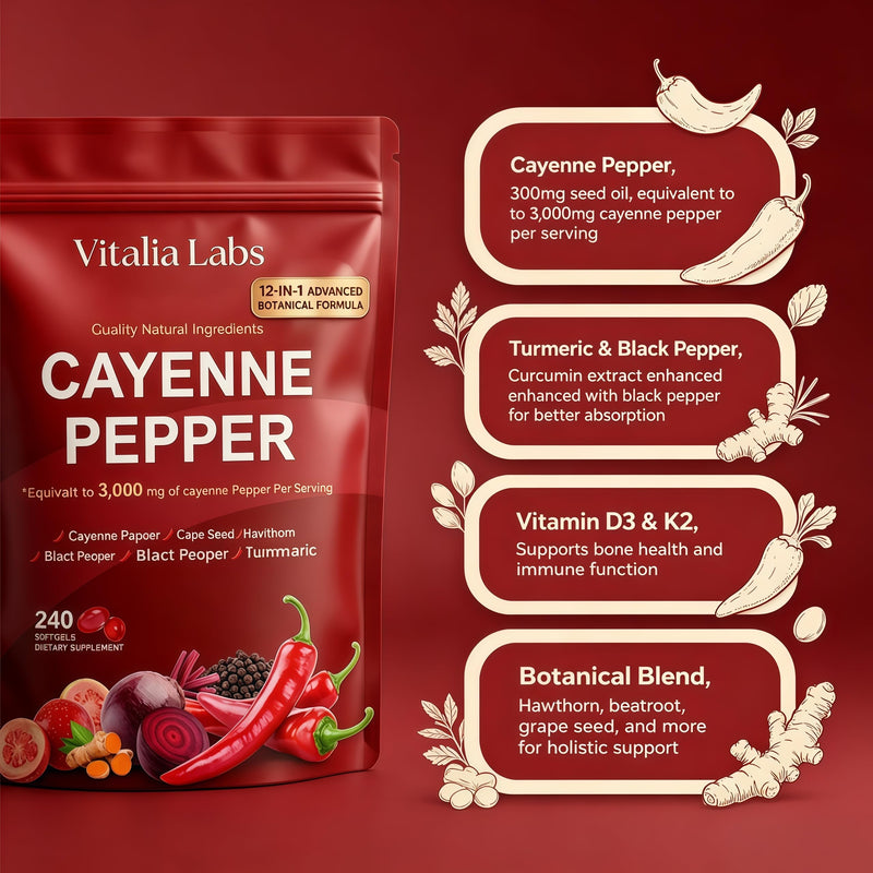 Vitalia Cayenne Pepper Softgels, Supplement with Vitamin E, D3+K2-240 Count