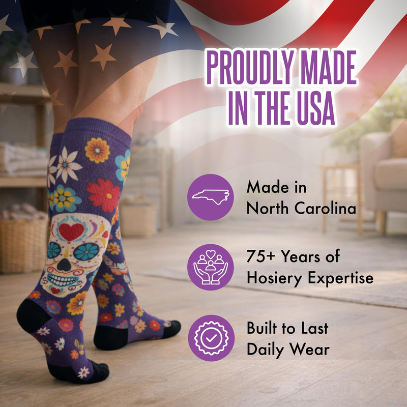 Crazy Compression Over-the-Calf Socks with Fun Designs Small-Medium Calavera Purple (Wide)