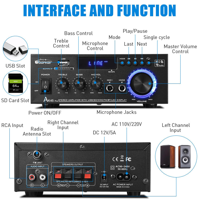 WOOPKER AK45Pro Stereo Audio Amplifier,400W 2Channel Bluetooth 5.0