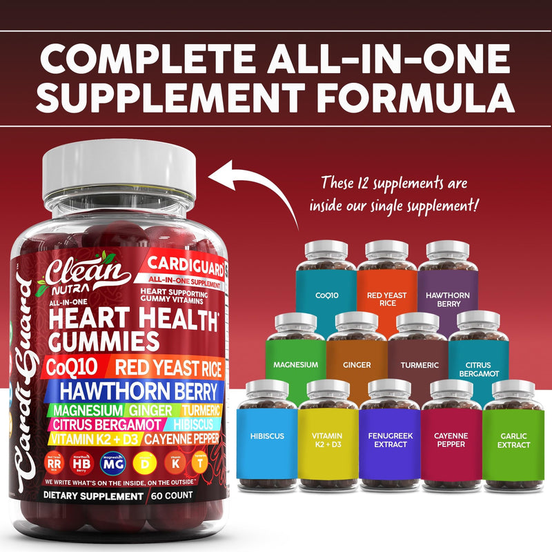 Clean Nutraceuticals Coq10 Gummies | Red Yeast Rice Hawthorn Berry Ginger Turmeric Citrus Bergamot Hibiscus Vitamin K2+D3 Magnesium Glycinate Cayenne Pepper Fenugreek Orange Flavor CardiGuard 1