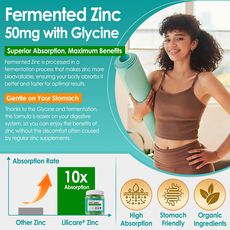 Fermented Zinc Gummies 50mg + Vitamin C & D3 Zinc Supplements for Women Men | Zinc Picolinate Gummies Alternaitive, Superior Absorption & Stomach Friendly, Zinc for Immune, Antioxidant, Skin, Vegan 60Cts 60 Count (Pack of 1)
