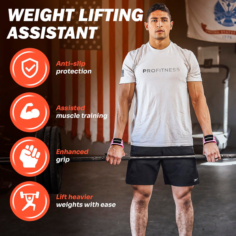 ProFitness Wrist Wraps for Weightlifting with Premium Lifting Straps - Weight Lifting Wrist Wraps and Gym Straps Ideal for Men & Women Workout & Training - Workout Straps with Wrist Support Pink/White