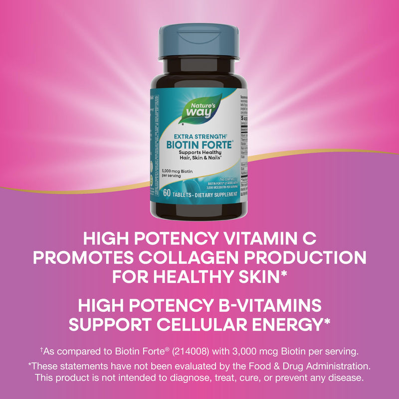 Nature's Way Extra Strength Biotin Forte, 5,000 mcg per Serving, 60 ct | Supports Healthy Hair, Skin & Nails*, High Potency B-Vitamins, Vitamin C, Vegan, Gluten-Free, No Artificial Colors