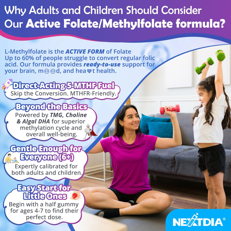 L-Methylfolate 1000mcg Methyl B12 Gummies, Omega-3 for Kids & Adults, 120Ct | Methylated Active 5-MTHF + Methyl B12, Choline TMG B6, DHA:EPA=3:1, Supports MTHFR Gene, Brain Energy Methylation, Sugar Free 60 Count (Pack of 2)