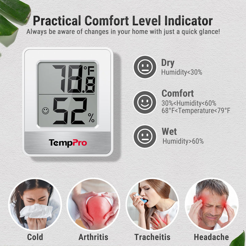 TempPro TP49 2 Pieces Digital Hygrometer Indoor Thermometer Humidity Meter Mini Hygrometer Thermometer with Temperature and Humidity Monitor Room Thermometer (Previously ThermoPro) White Indoor Thermometer