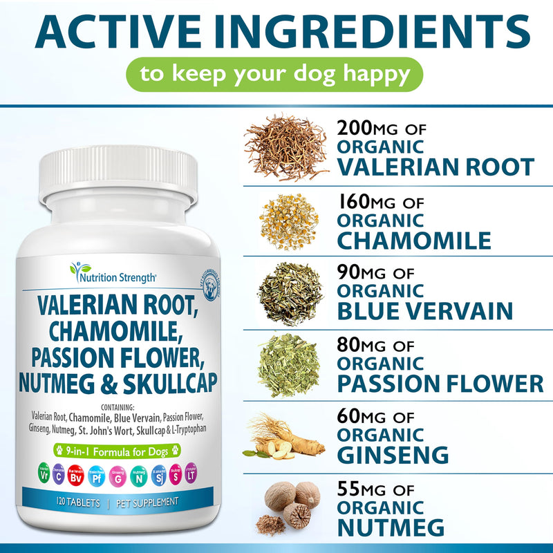 9-in-1 Valerian Root for Dogs 200mg, Chamomile 160mg, Blue Vervain, Passion Flower, Ginseng, Nutmeg, St John's Wort, L-Tryptophan for Dog Stress Relief & Calming, 120 Tablets