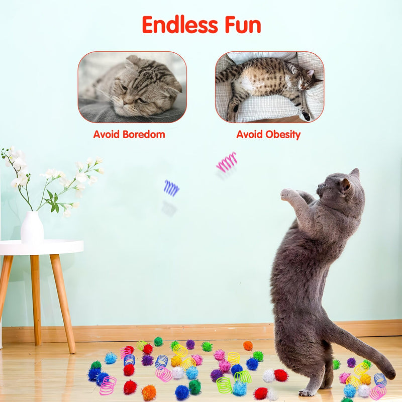 SEVENKA Cat Toys 30 Pcs Color Flash Balls and 36 Spring Toys, 1.1in Small Soft Cat Toy Ball Tinsel Pom Poms, Kitten Toys, Plastic Spiral Springs for Cat Swatting, Biting, Hunting, Active Healthy Play 30 Flash Balls & 36 Springs - BeesActive Australia