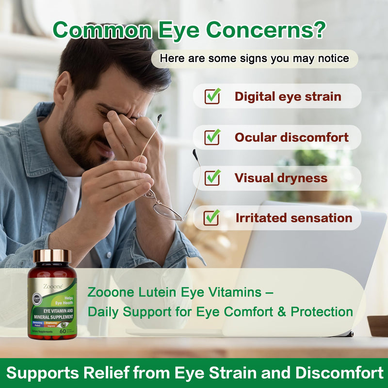 zooone- 60pcs Lutein Eye Vitamins Supplement Nutritional Supplement for Macular Health & Dry Eye Support, Contains Lutein, Zinc, Vitamins C/E & Zeaxanthin 60 Count (Pack of 1)