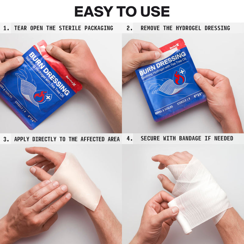 SurviveX Burn Dressing Kit with Tea Tree Oil - Hydrogel Burn Pads, Cooling Gels, Non-Adhesive Dressings & Gauze - Complete First Aid Accessory for Instant Cooling, Soothing & Burn Relief