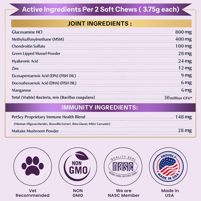 Petscy Longevity Hip & Joint + Immune Support Chews for Dogs - 3.75g Chew - High Dose Glucosamine, MSM, Chondroitin, Green Lipped Mussel, Omega 3, Probiotics - 60 Chews (Small & Medium Dogs) Small / Medium Dogs (0–64 lbs)