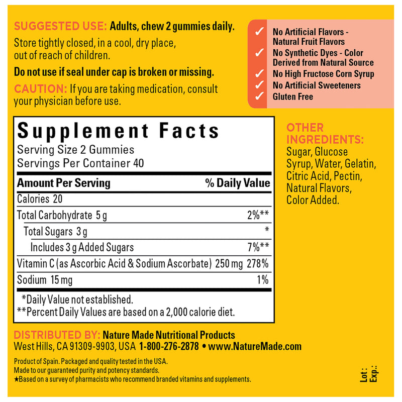 Nature Made Vitamin C Gummies 250mg per Serving, 80 Count | Adult Vitamin C Immune Support Gummies for Daily Immune Support and Antioxidant Support, Tangerine Flavor, 40 Day Supply 80 Count (Pack of 1)