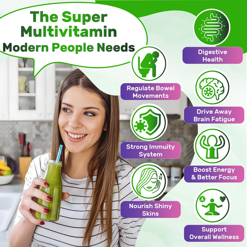 Super Greens Multivitamin Gummies, w/Spirulina, Chlorella, Multivitamins | Greens Superfood Gummies + Prebiotic Fiber, Adaptogens, Adults Vitamins for Gut Health, Immunity, Focus & Energy, 60Cts 60 Count (Pack of 1)
