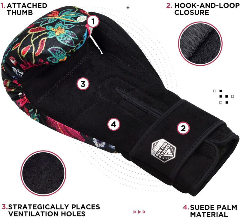 RDX Women Boxing Gloves for Training Muay Thai Flora Skin Ladies Mitts for Sparring, Fighting Kickboxing Good for Punch Bag, Focus Pads and Double End Ball Punching Black 10 oz - BeesActive Australia