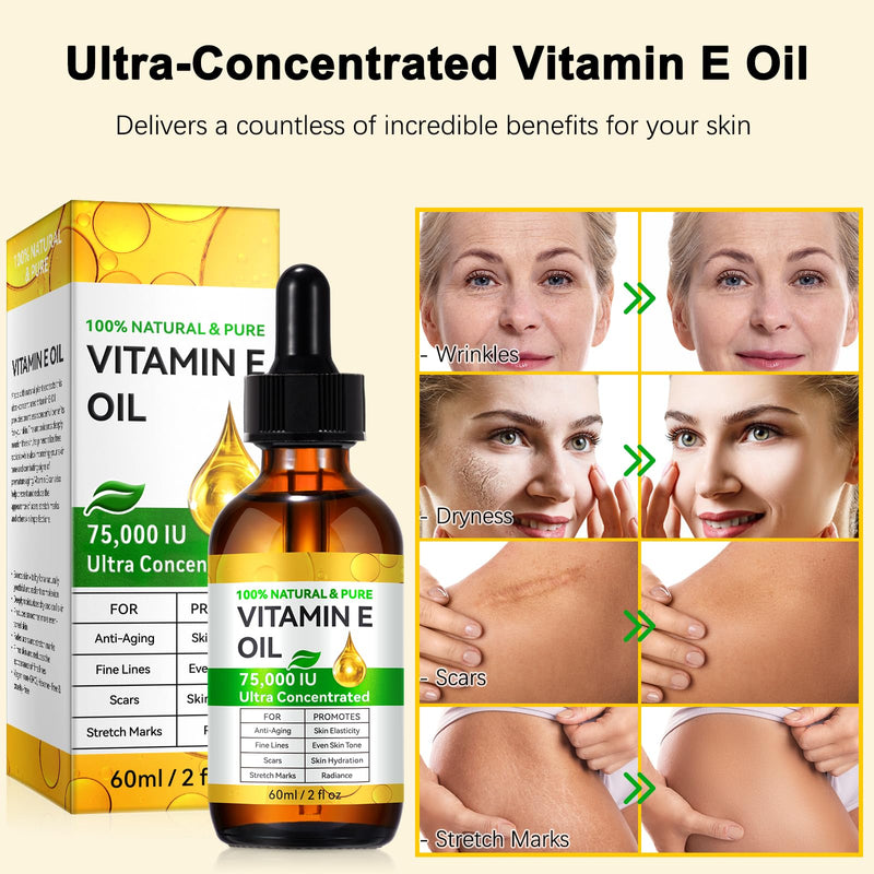 Vitamin E Oil, Ultra Concentrated Vitamin E Oil for Skin, Face, Hair, and Scars, 100% Natural & Pure-Non-GMO, 2 Fl Oz
