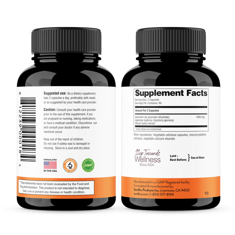 Sandhu's Quercetin 500mg Capsules 1000mg Per Serving 240 Ct Vegetarian | Immune Support Quercitin Supplements Gluten-Free Antioxidant For Circulatory Health 120 Servings By Sandhu's 120 Count (Pack of 2)
