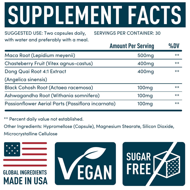 PMS Support Supplement for Women with Chasteberry, Maca Root, Ashwagandha - Period Relief, Bloating Relief for Women, Mood Support, Hormone Balance Herbal Supplements - 30 Day, 60 Vegan Capsules Vegan PMS Support
