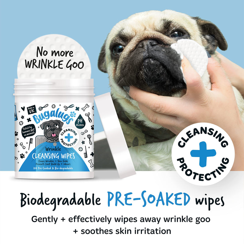 BUGALUGS Wrinkle Dog Wipes for pawly skin - 100 Biodegradable dog grooming pet wipes. Use as Dog ear wipes, dog eye wipes, dog face wipes, Paw & Bum wipes for puppy, dogs & cat grooming