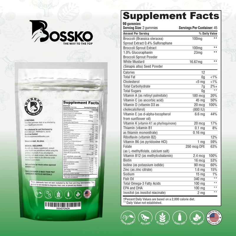 Bossko Sulforaphane Gummies with Omega-3 – Broccoli Sprout Extract, EPA/DHA & Antioxidants – Cellular Health & Mood Support – 90 Vegan Gummies – Mixed Berry Flavors – Sugar-Free