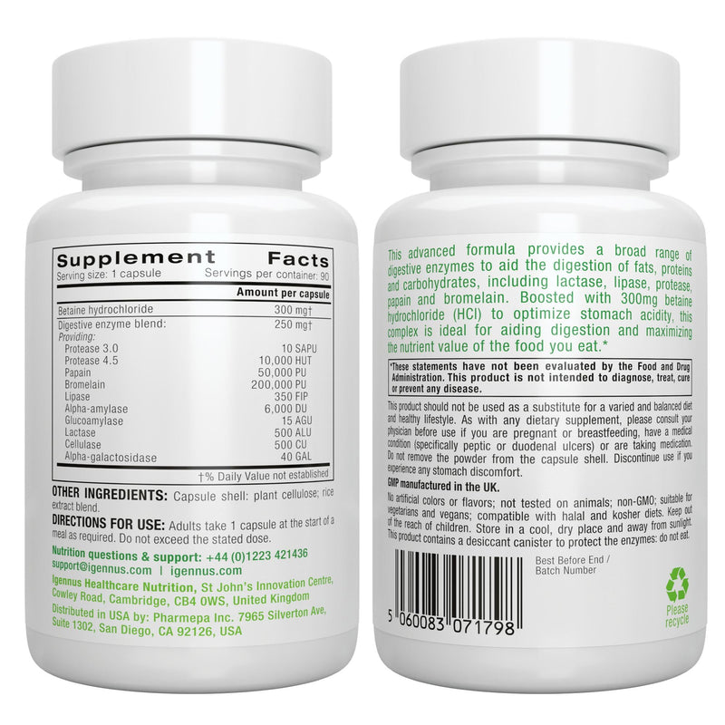 Igennus Broad Spectrum Digestive Enzymes & Betaine HCl, 90 Vegan Capsules | Fast-action blend with protease, lipase, lactase, papain and bromelain; plant-based and clean
