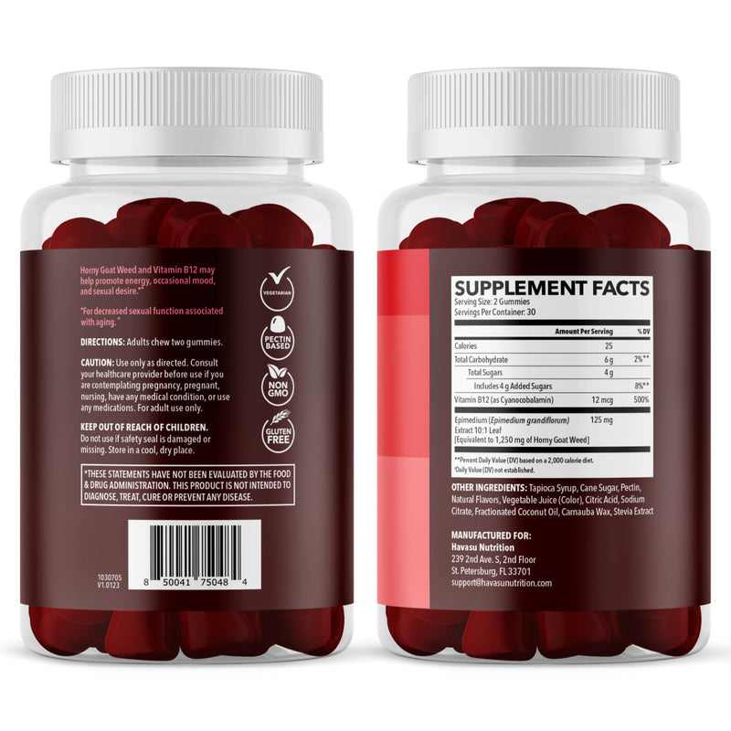 Horny Goat Weed Gummies with Vitamin B12, Raspberry Flavor, 30 Servings | Vegan, Non-GMO Horny Goat Weed Gummies to Support Drive, Vitality and Performance for Men, 60 Count, 1-Month Supply 60 Count (Pack of 1)