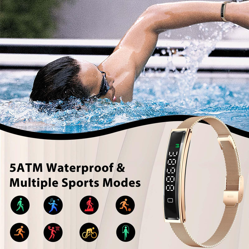 Smart Bracelet for Men Women with 2 Bands 24/7 Fitness Health Tracker Gold Steel + Black Silicone
