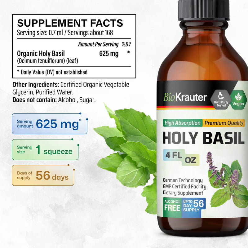 BIO KRAUTER Holy Basil Tincture - Tulsi Powder Liquid Extract - Supports Calmness and Relaxation - Ursolic Acid Supplement - Alcohol and Sugar Free Holy Basil Extract - Vegan Drops 4 Fl.Oz. 4 Fl Oz (Pack of 1)