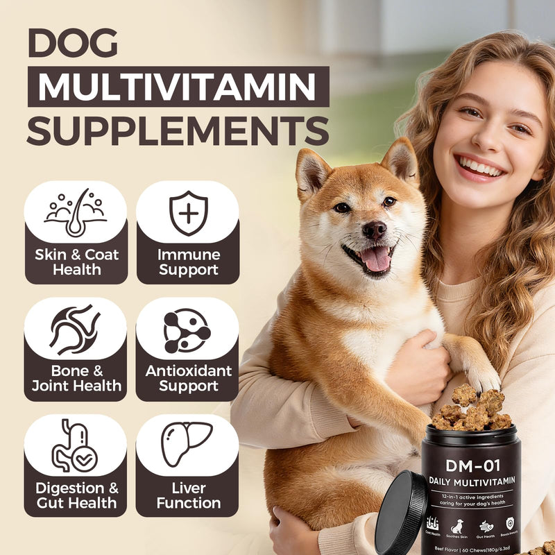 DM-01 Daily Multivitamin for Dogs, Multivitamin Itch Relief Chews Contain Glucosamine Probiotics Salmon Oil for Skin Coat, Gut & Immune Supports, 60 Chews (1) 1