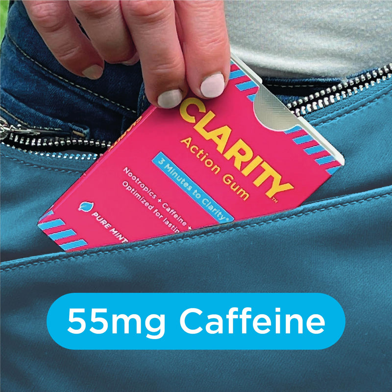 Clarity Action Gum - Energy Gum with 55mg Caffeine, Nootropics and Vitamin B6 - Sugar Free - Pure Mint - 60 Pieces