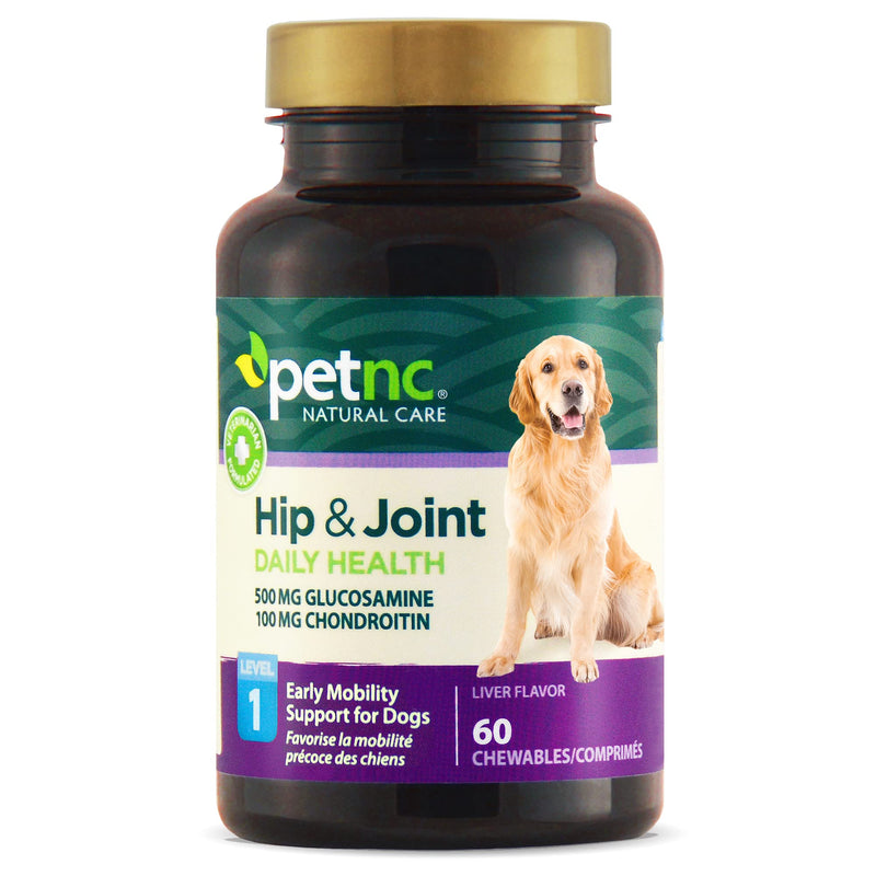PetNC Natural Care Level-1 Hip & Joint Health Supplement for Younger Dogs,60 Chewable Tablets, 500mg Glucosamine, 100mg Chondroitin, 10mg MSM & 1mg Hyaluronic Acid, Vitamin C & Manganese, Liver Flavor Level 1