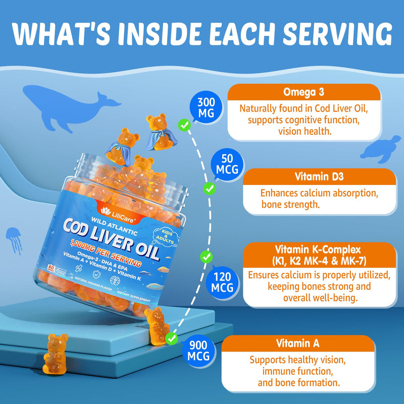 Cod Liver Oil Gummies with Omega-3, Vitamins A, D3 & K2 for Adults & Teens | Cod Liver Oil Omega 3 Fish Oil Gummies for Immune, Brain & Cognitive Support, Sugar Free, Orange Flavor, 120Cts 60 Count (Pack of 1)