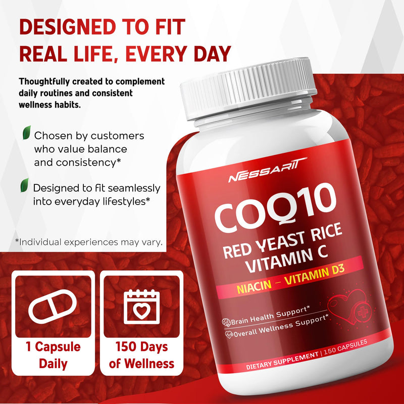 COQ10 + Red Yeast Rice Supplement - 10-in-1 Natural Blend with Omega 3 Vitamin B3, K2, D3, Zinc Milk Thistle Black Pepper - 150 Count 150 count (pack of 1)