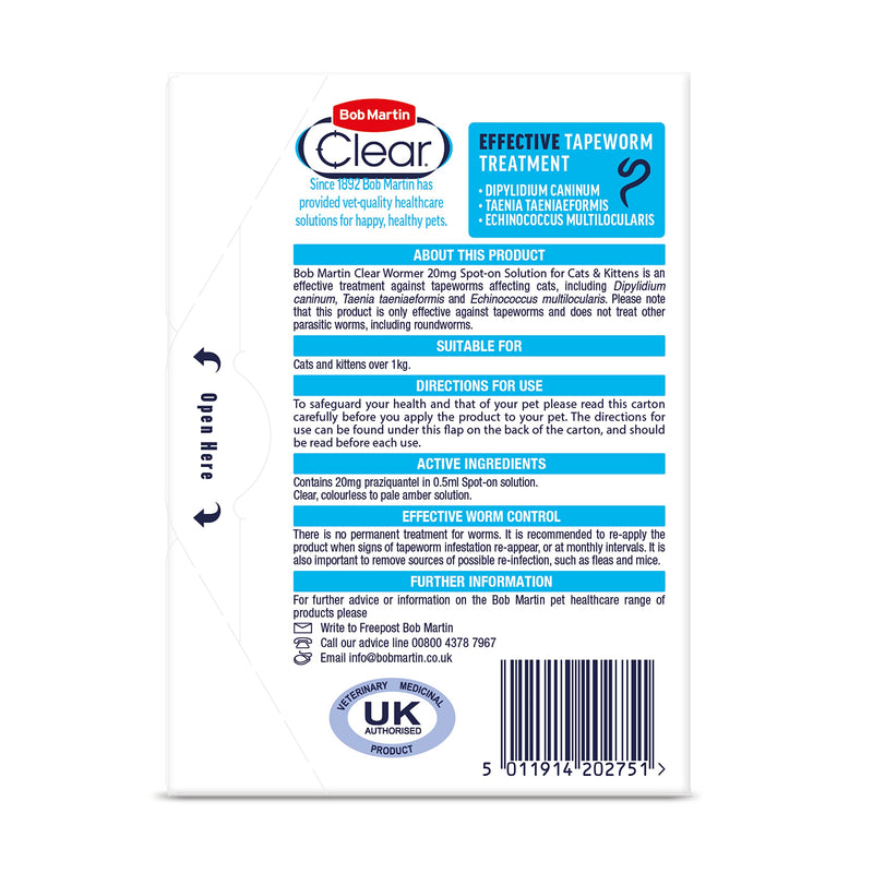 Bob Martin Clear Spot On Wormer for Cats & Kittens - 100% Effective Tapeworm Treatment (4 Pipettes) 4 Pipettes