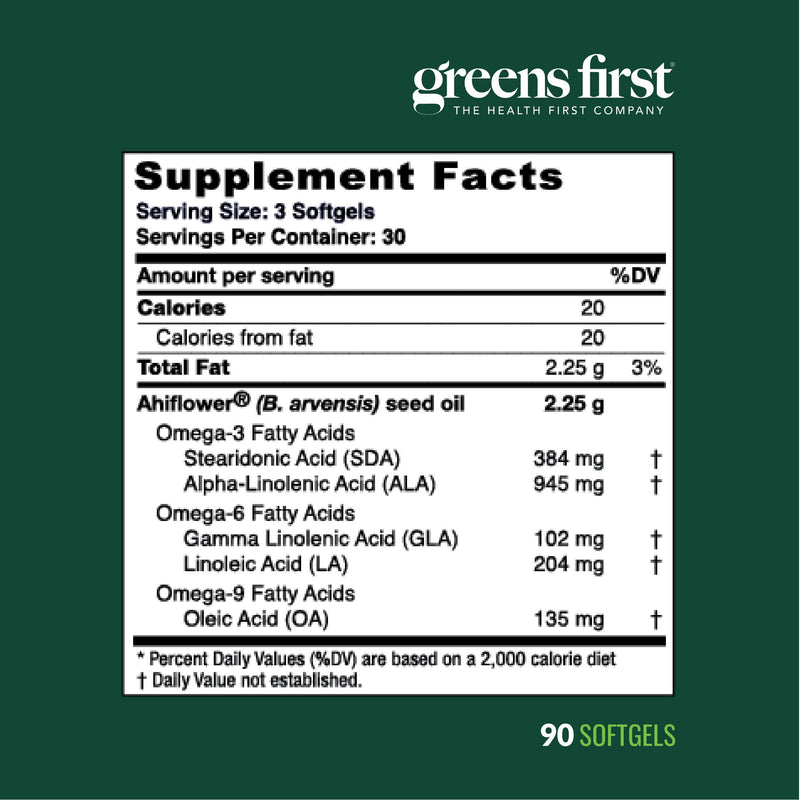 Greens First Ahiflower Oil Plant-Based Omega-3 Supplement, 90 Softgels | Vegan Omega-3, Supports Brain, Immune, Joint & Heart Health, Essential Fatty Acids, Gluten-Free/Dairy-Free/Soy-Free